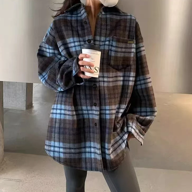 韩版宽松慵懒ins风毛呢格子衬衣外套女秋冬中长款格纹复古上衣