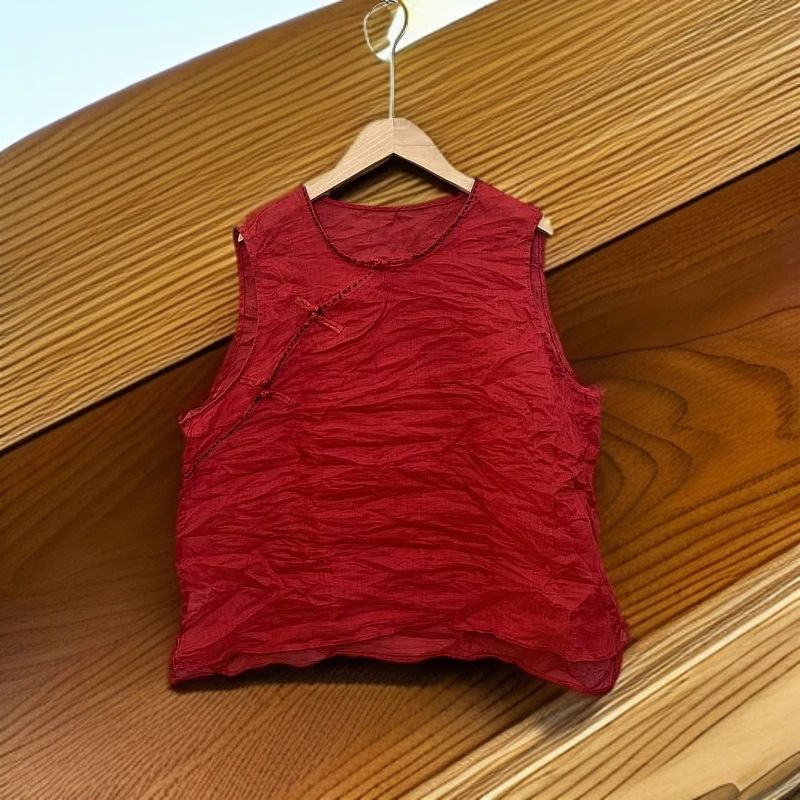 【夏】纯色苎麻手工走线斜襟盘扣时尚复古女士背心休闲【80-160】斤