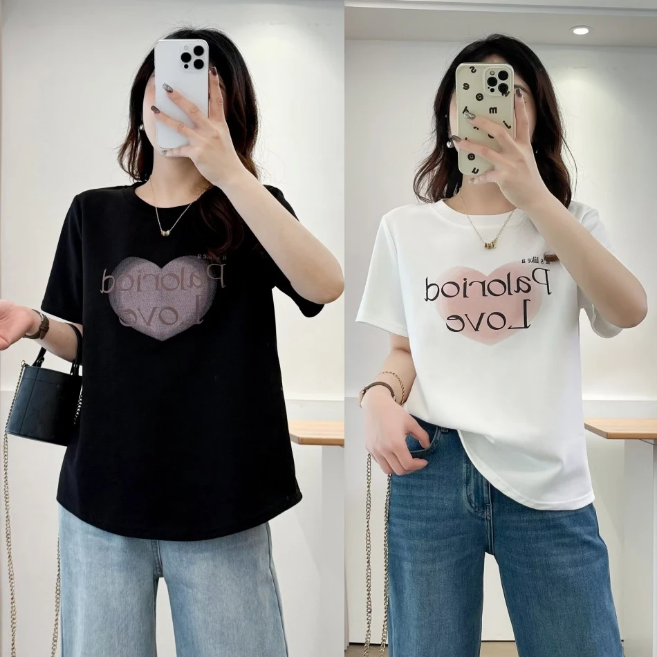大码胖mm百搭遮肉减龄爱心印花圆领T恤夏季新款休闲正肩显瘦上衣