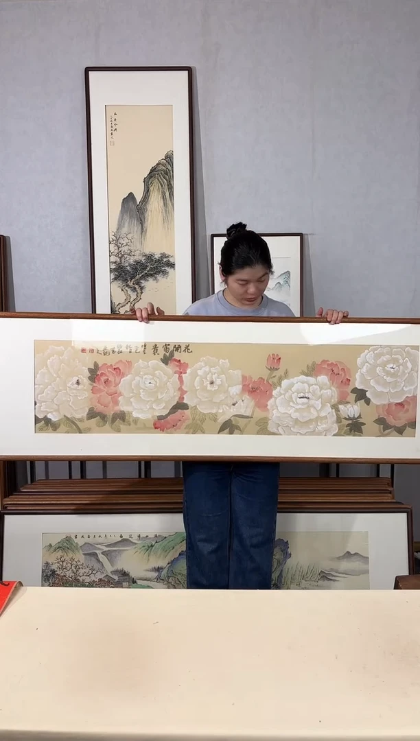 国画手绘*花开富贵*52*172cm带框发货