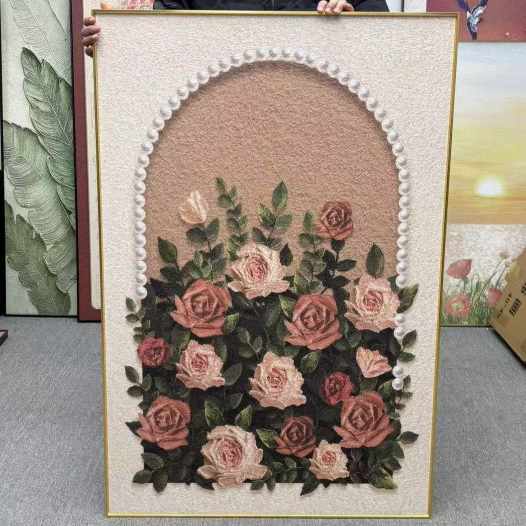 法式奶油风客厅装饰画玫瑰花卉中古风沙发背景墙挂画复古80120