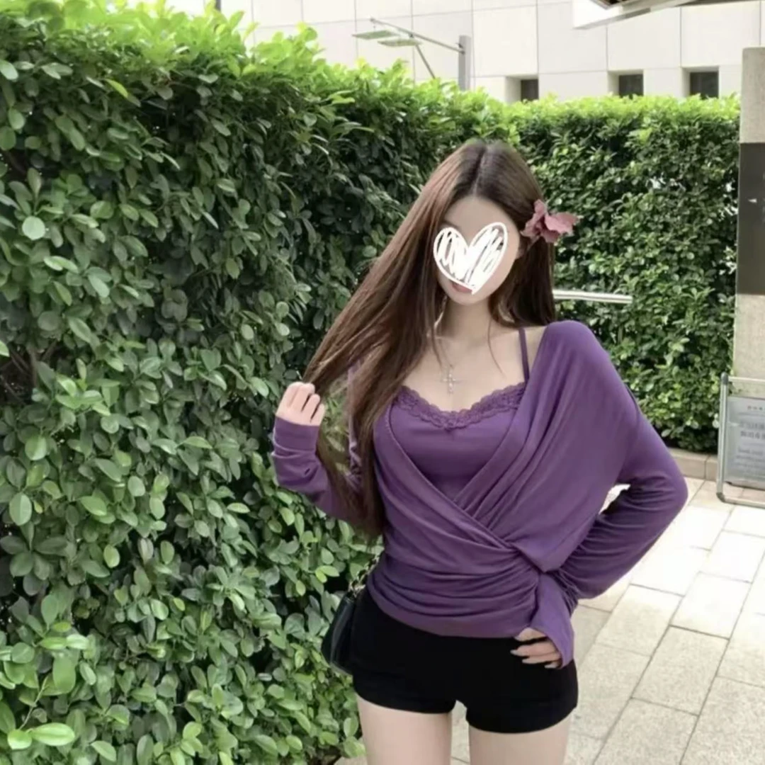 2025韩系春夏季新款辣妹时尚大领口V领显瘦长袖蕾丝挂脖吊带上衣