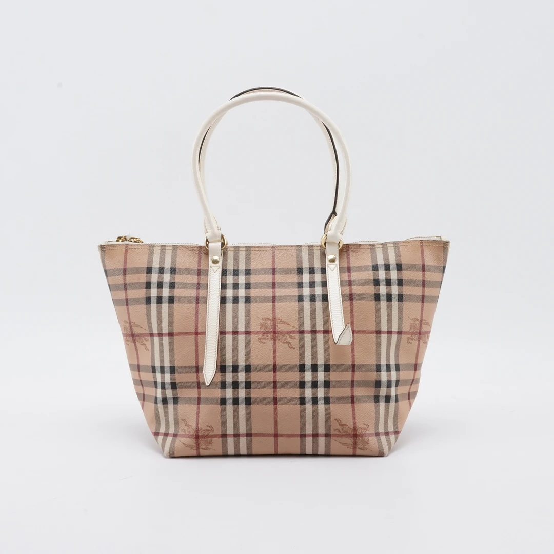 95新 BURBERRY/博柏利 【白菜】战马格纹拼白色托特包/BGC201300032