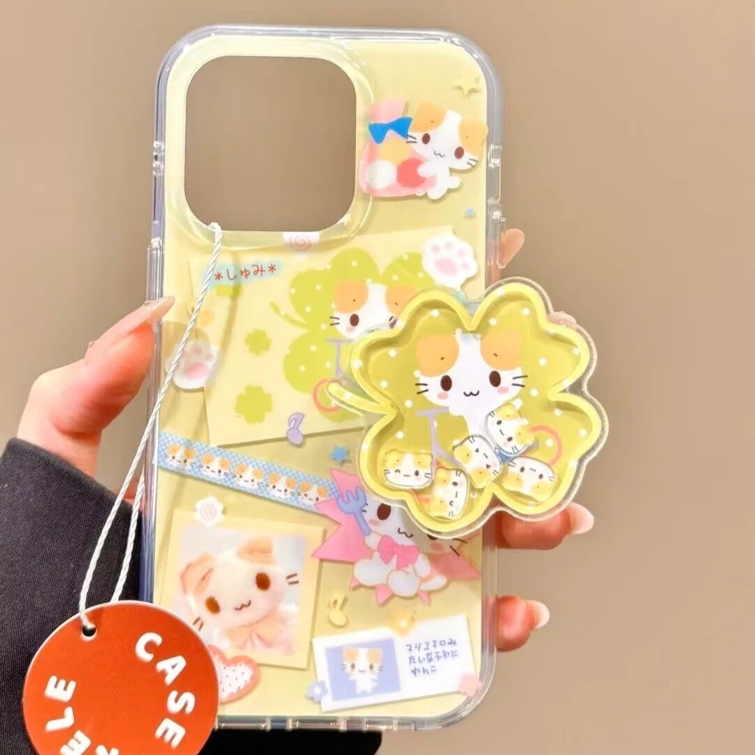 ZMGX四叶草可爱猫咪适用苹果16/15白色imd手机壳华为vivoppo小米