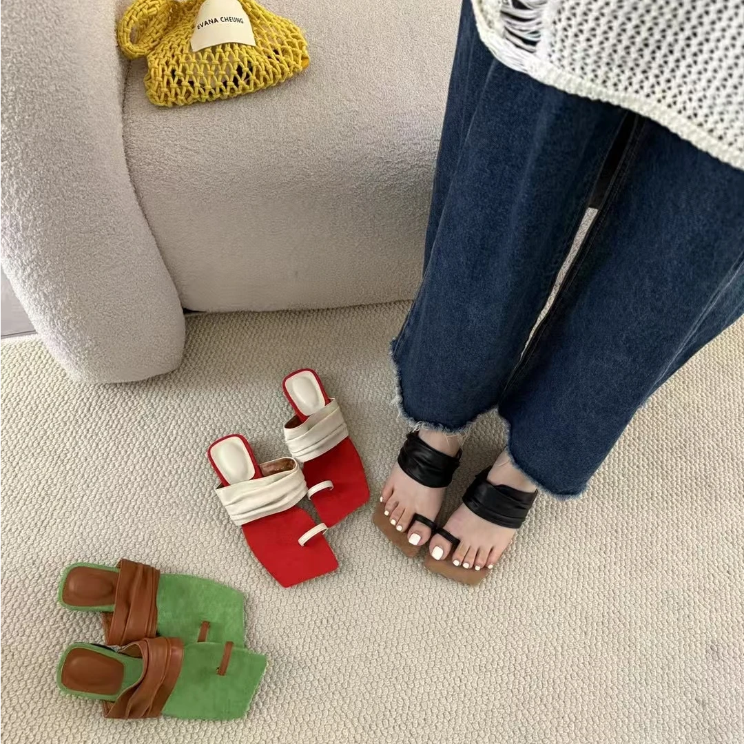 复古小众一字带拖鞋女罗马风格拼色法式粗跟方头套趾露趾夏季新款