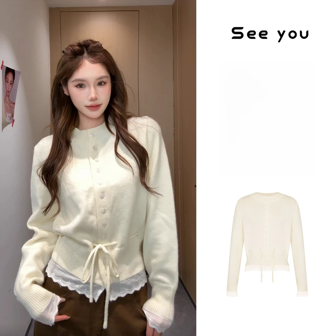 假两件蕾丝花边针织毛衣开衫显瘦气质百搭L1827