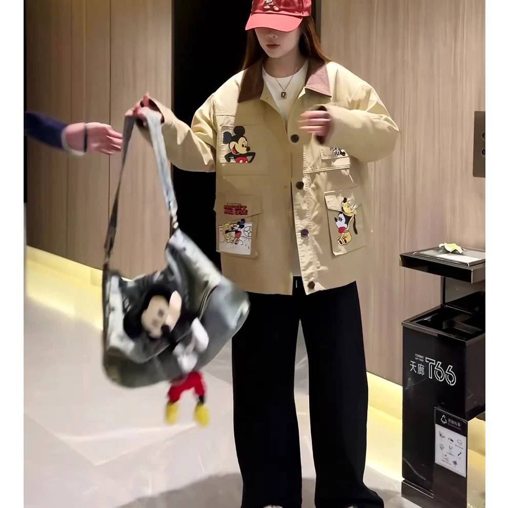 “印花卡通”韩系早春设计感卡通米奇翻领风衣时尚外套-P