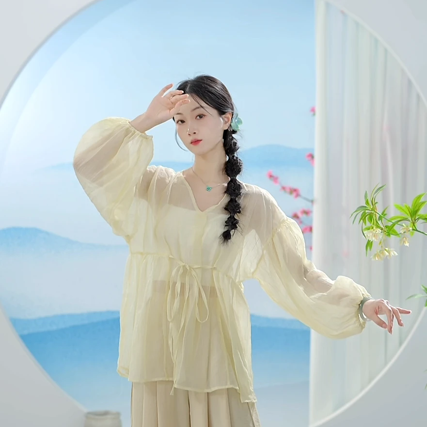 3635 D现代舞蹈服女古典教师专用遮肉显瘦前系带灯笼袖宽松罩衫