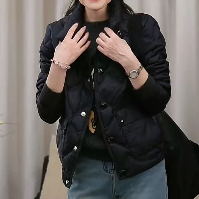 「JIANYUE」 立领菱形大口袋短款鹅绒服