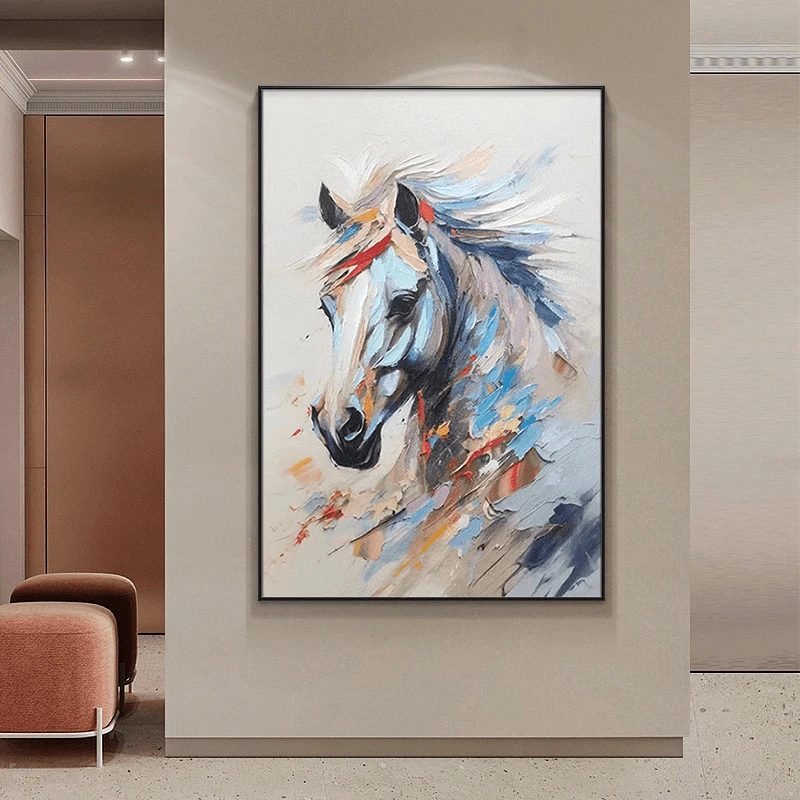 【佳人新】骏马手绘油画布添笔轻奢玄关过道尽头沙发落地挂画80*120