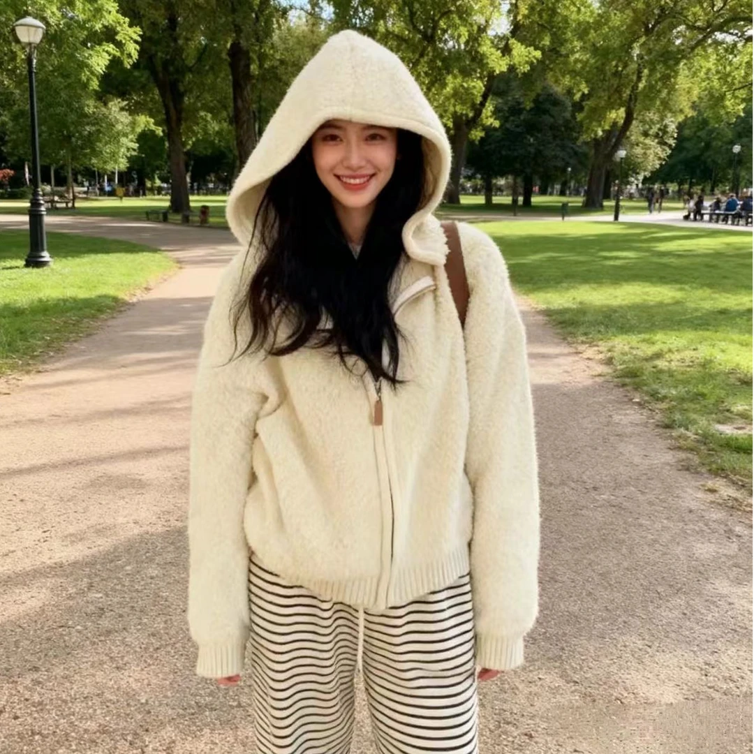 秋冬季百搭加厚软糯慵懒休闲连帽纯色拉链针织毛衣开衫上衣女外套