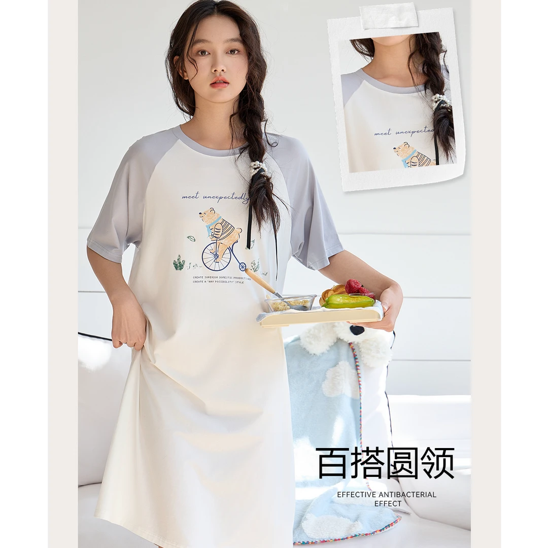 居家甜妹系列睡裙新款彩色小熊卡通印花休闲圆领百搭宽松2608