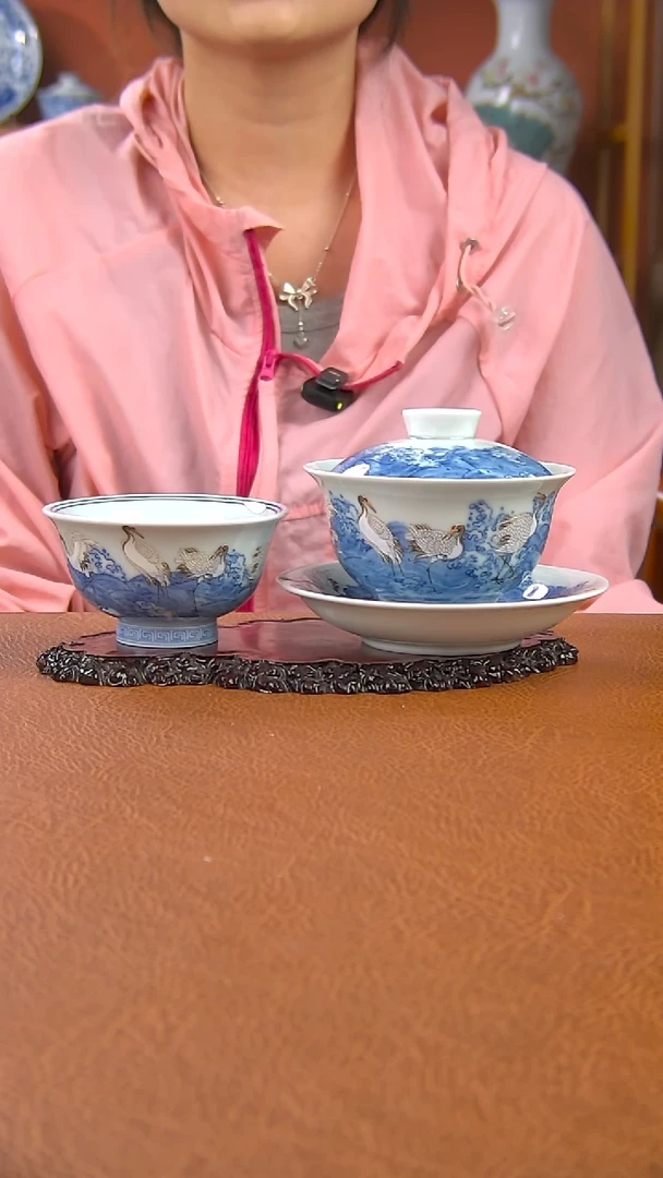 景德镇手工青花仙鹤三才盖碗加主人杯