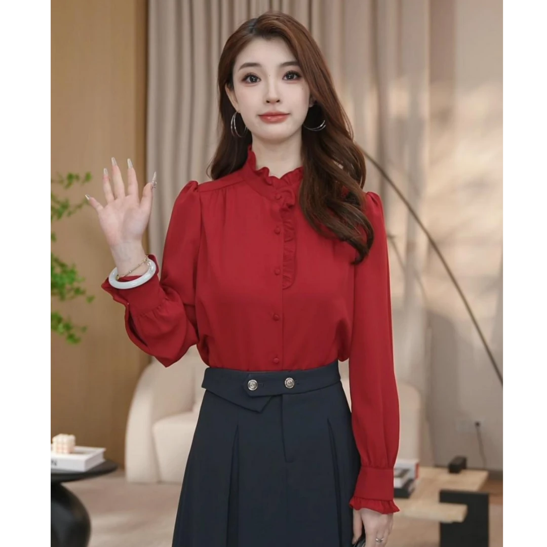 【曼贝】酒红色衬衫女士设计感通勤风高级显瘦衬衫8493361【珮珮】