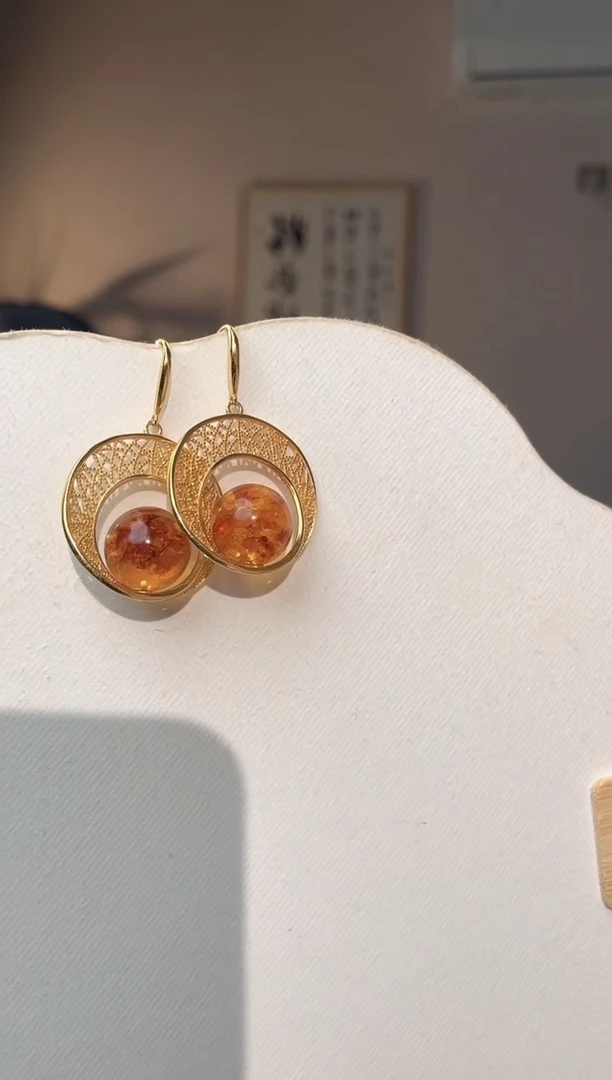 裸石琥珀未镶嵌13+花珀耳环