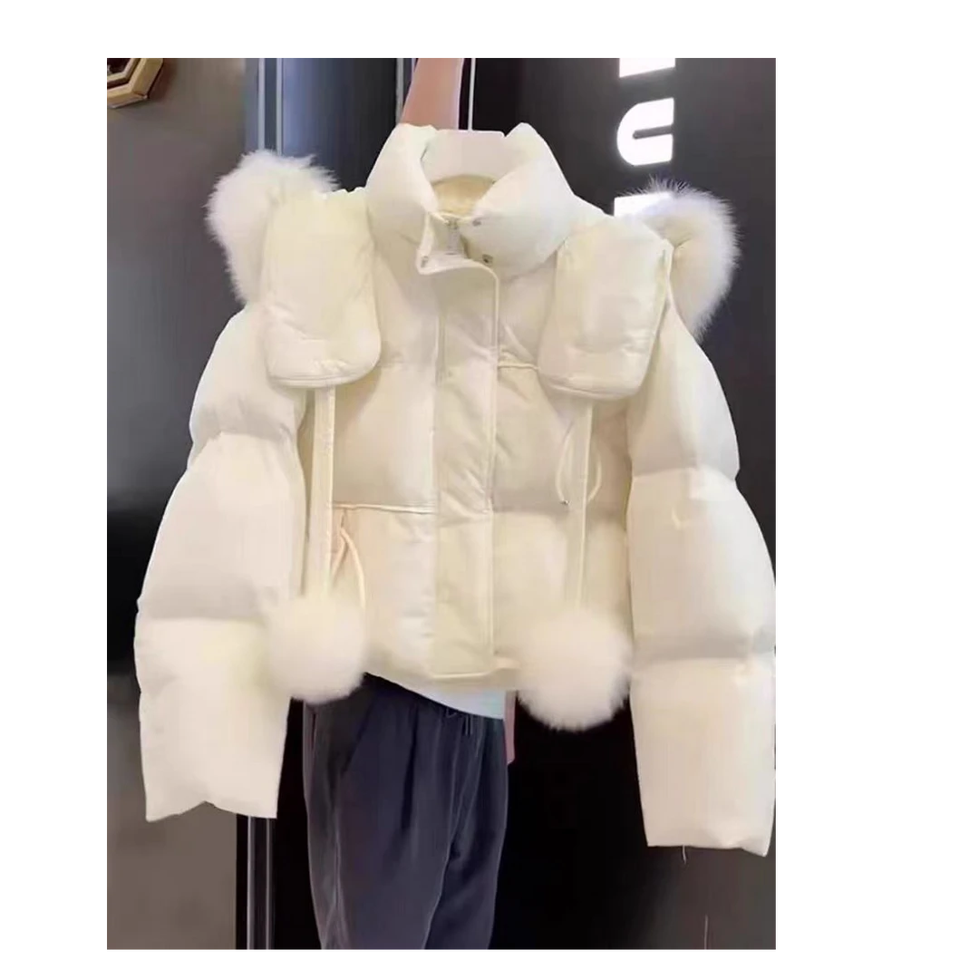 睿夕【冬日雪漫漫】清仓新款欧货连帽狐狸大毛领加厚90白鸭绒短外套