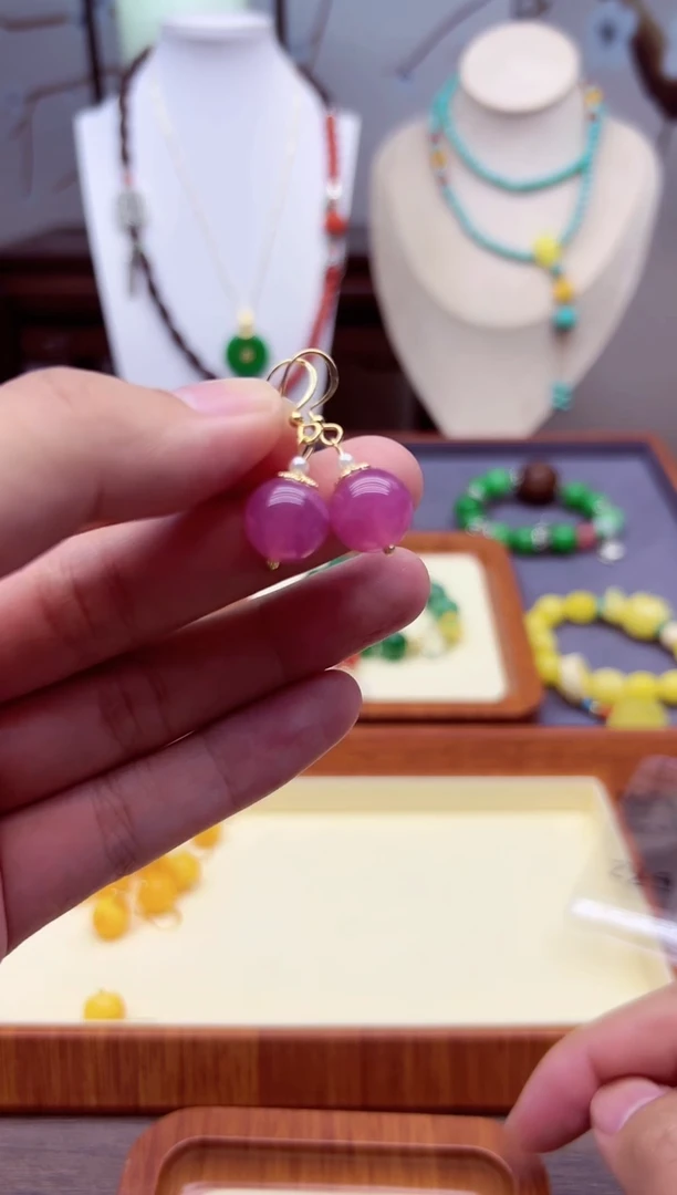 【闪购商品】菱锰矿（红纹石）耳钉14K金镶嵌E