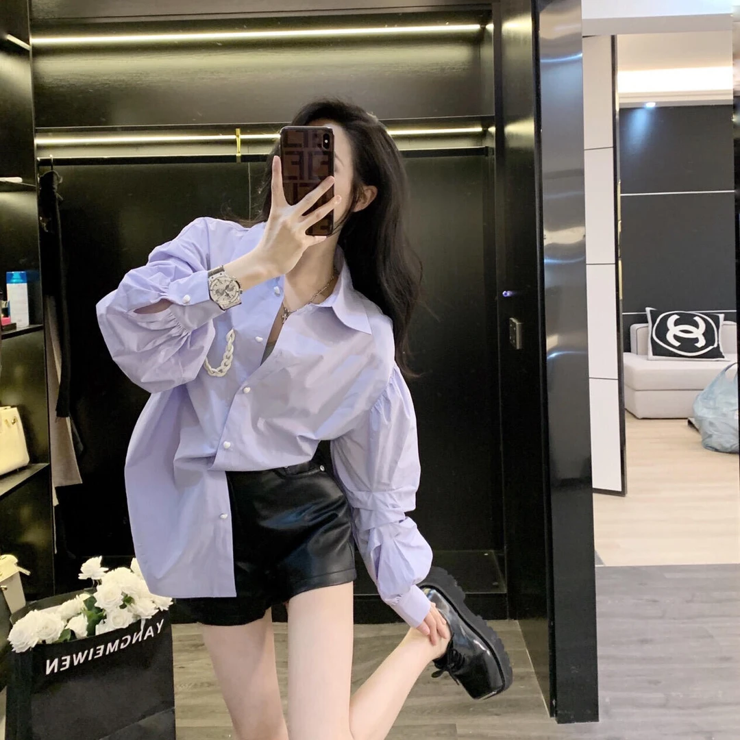 2025秋季新款法式气质高级感紫色衬衫女韩系慵懒风宽松百搭衬衣