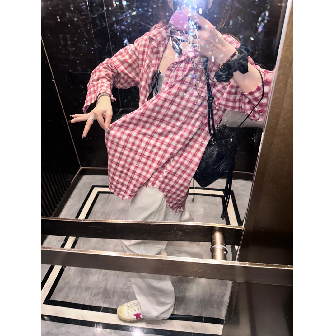 早秋气质褶皱感红格子宽松衬衫女+显瘦休闲百搭阔腿裤两件套D594