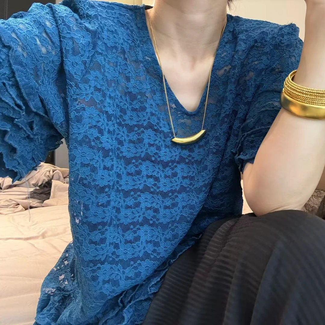 大嘴新款高级百搭木耳蕾丝上衣98610