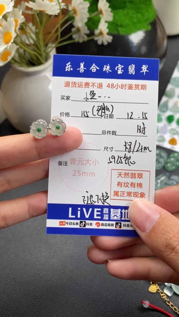 银S925镶嵌散珠翡翠小**乖冰种花花一对