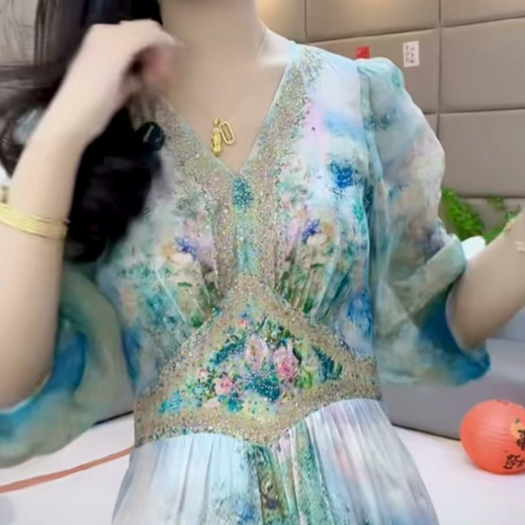 《暖暖推荐》“蓝调”重工烫钻显瘦时尚印花桑蚕丝连衣裙 80184