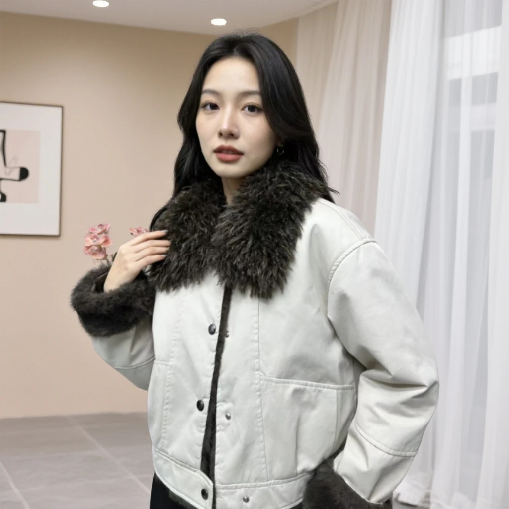 2025冬季新款韩版加绒加厚大翻领时尚宽松百搭外套#2508【衣长58】