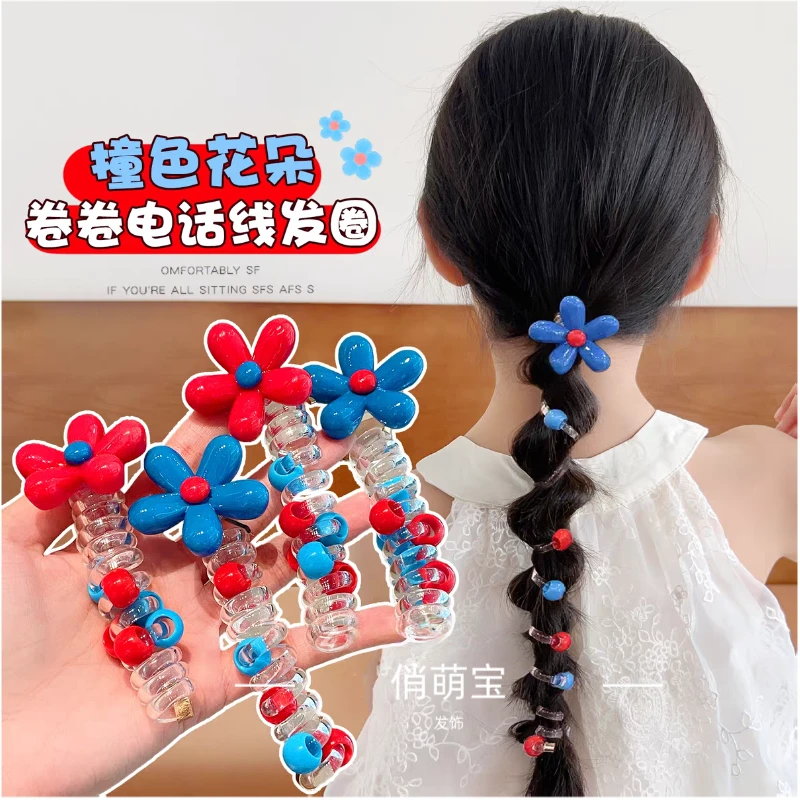 儿童电话线发圈女童泡泡辫编发发绳神器女童可爱红蓝花朵头绳发饰