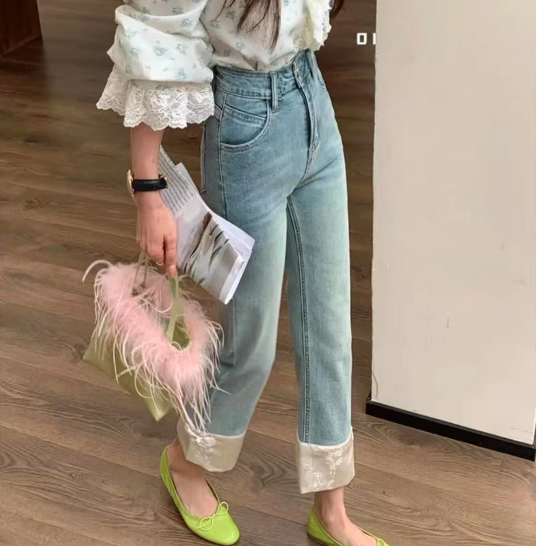 2025春夏新款时尚百搭国风牛仔烟管裤女裤子休闲九分裤2277长88