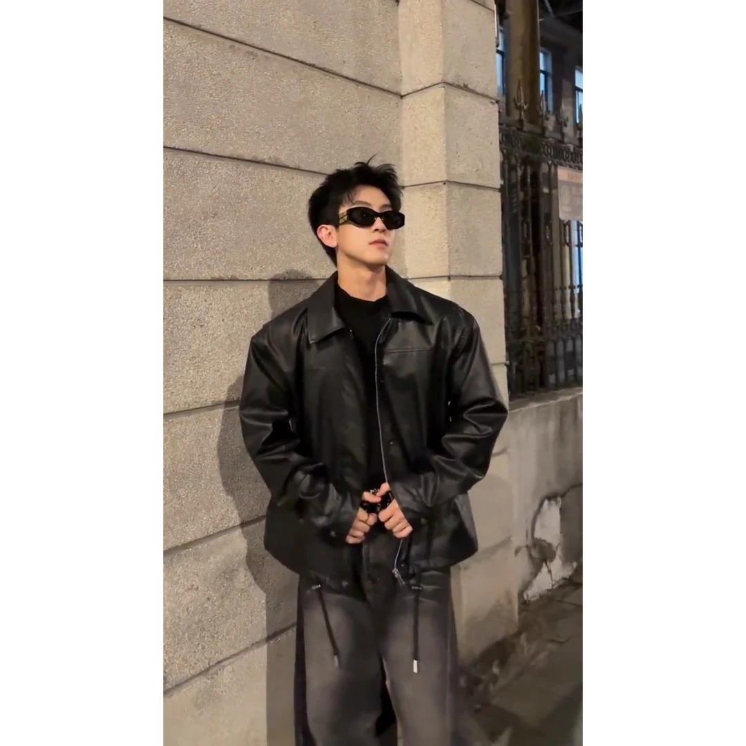 美式复古PU皮衣机车服外套男款秋季痞帅高街设计感潮牌宽松皮夹克