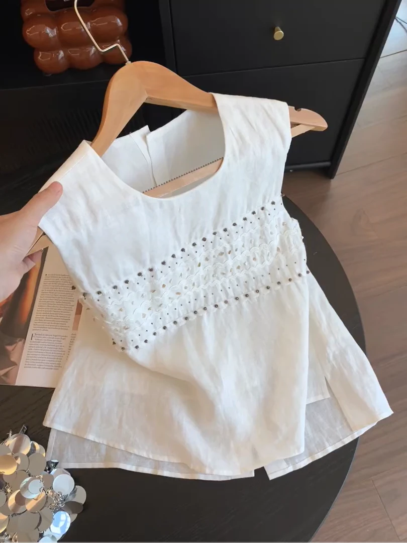 2025法式简约百搭钉珠无袖衬衫女夏季高级感气质减龄宽松外穿上衣