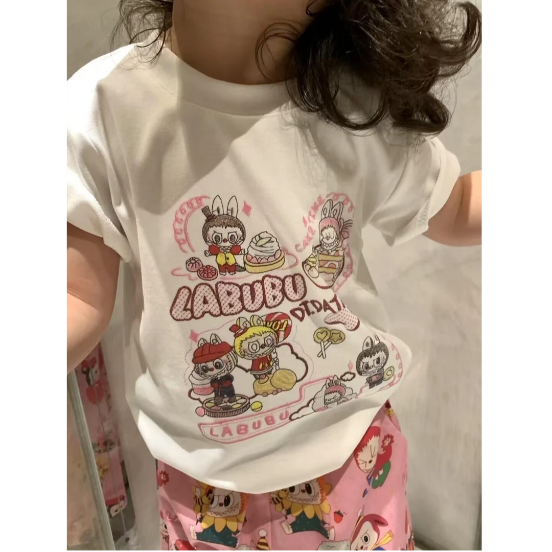 甜小七2025夏季新款女童韩版拉布布卡通印花短袖满印休闲裤套装