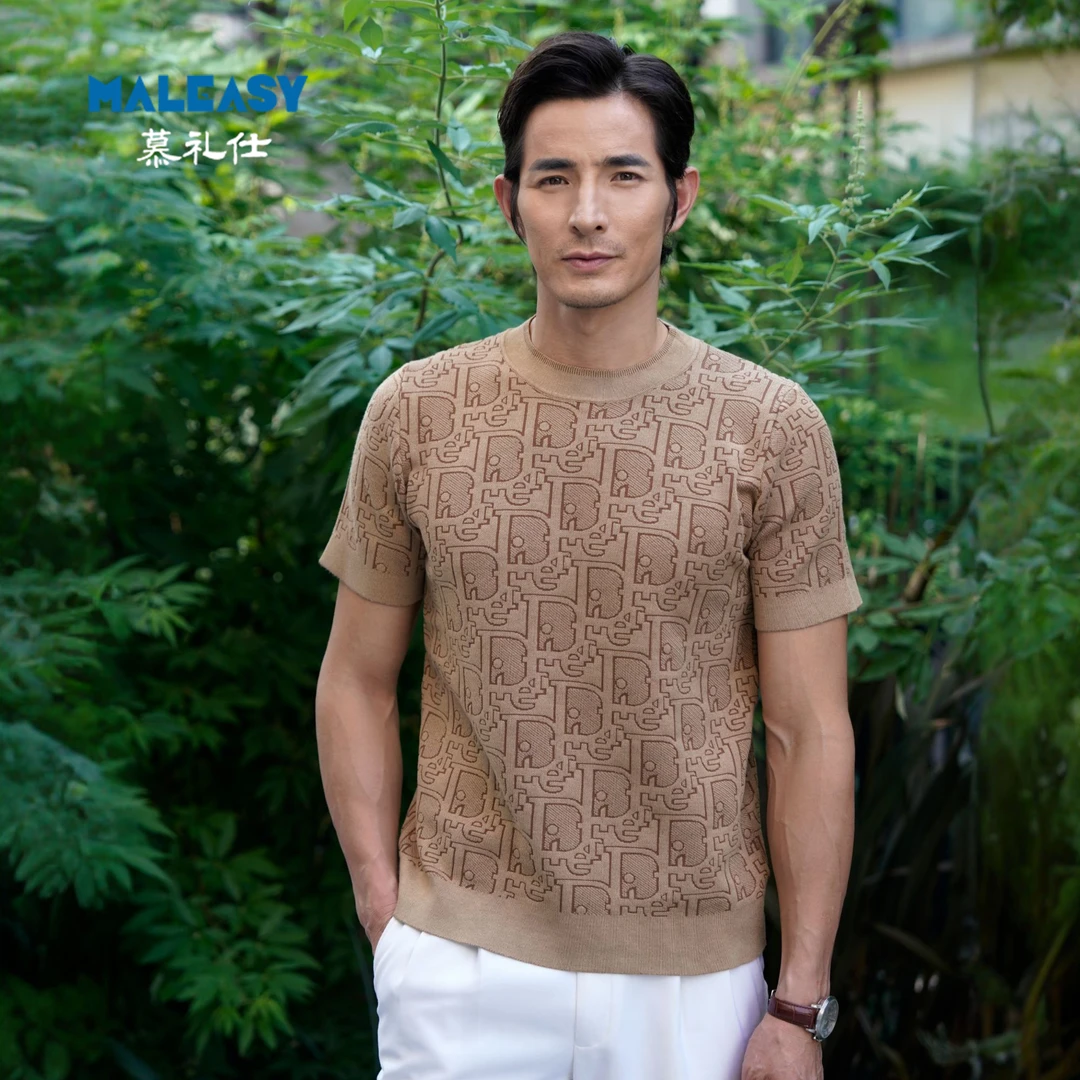 2025秋冬新款男士短袖针织衫休闲修身时尚提花圆领短袖T恤毛衣