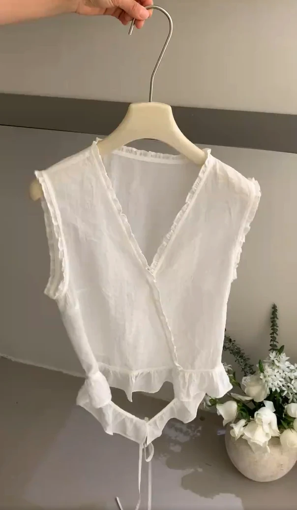 新款小众设计感花边无袖衬衫女2025夏季韩系绑带背心时尚休闲上衣