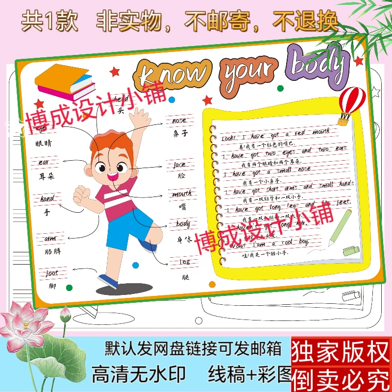 介绍身体五官英语手抄报外研版三下二单元线稿body绘画电子版小报