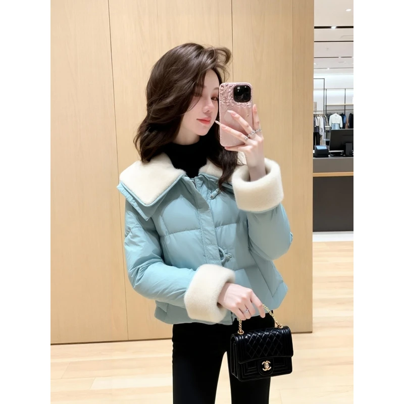 巨好看的冬装外套高端时髦洋气减龄小香风翻领蓝色毛领夹棉外套厚