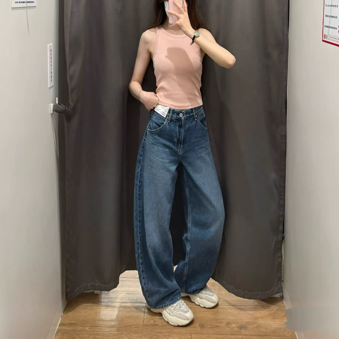 复古风~秋款宽松廓形水洗牛仔裤女显瘦弯刀阔腿裤镰刀裤31460