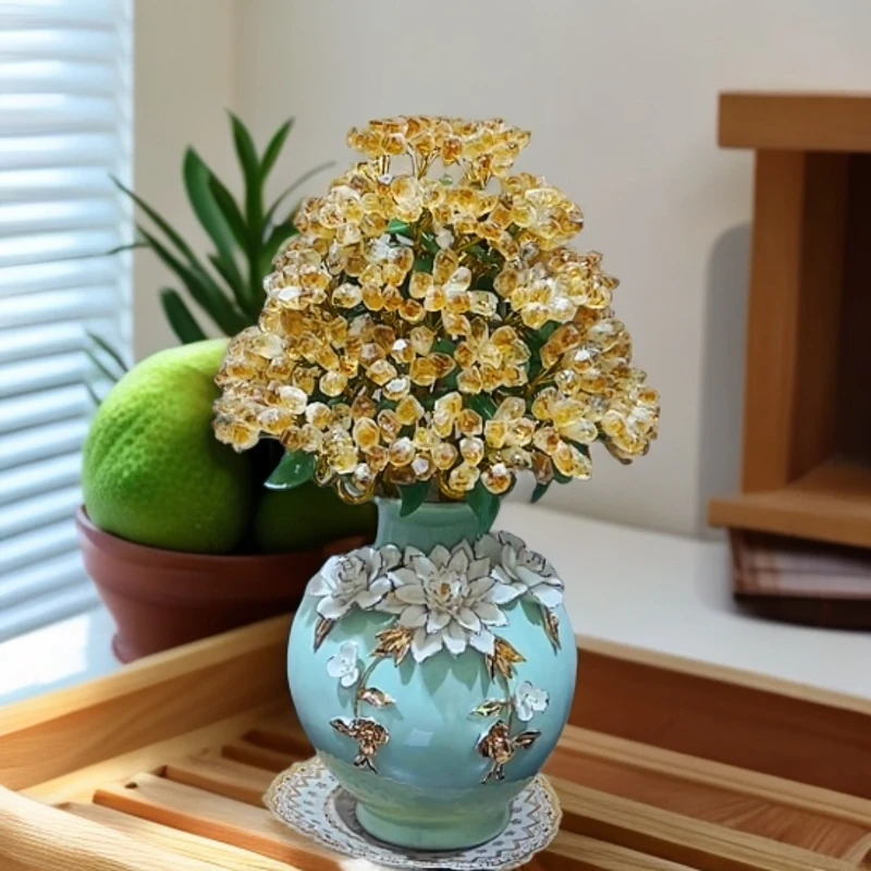 【卓越轻奢】富贵花黄水晶树摆件陶瓷迎客松摆件纯手工点缀精美