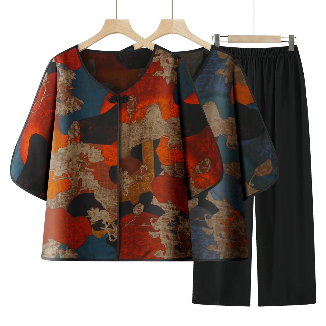 8992-夏季新款妈妈装套装中老年休闲圆领宽松洋气一套（康燕）