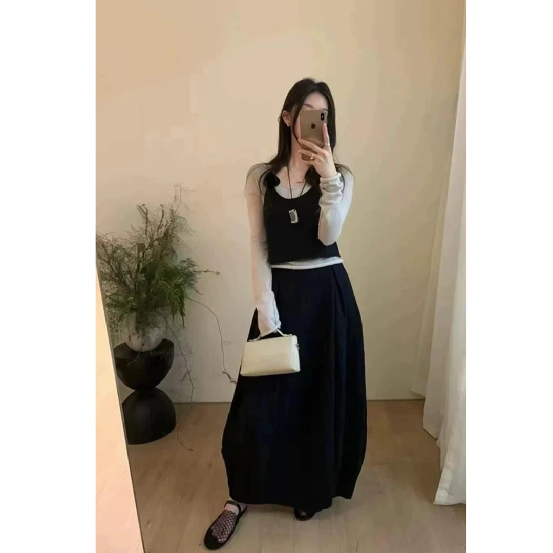 B221韩系甜美小个子蕾丝拼接针织衫女春季复古叠穿无袖背心三件套