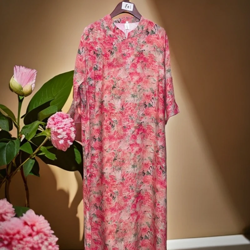 【逢莱仙境】大码中袖连衣裙新中式复古改良旗袍中长裙新款女装