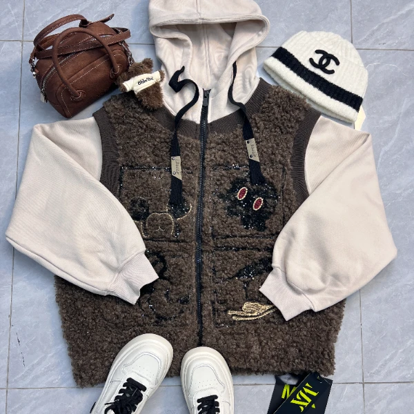 FL二龙欧货【米米鼠假两件羔羔毛加绒加厚外套设计师潮牌】37786