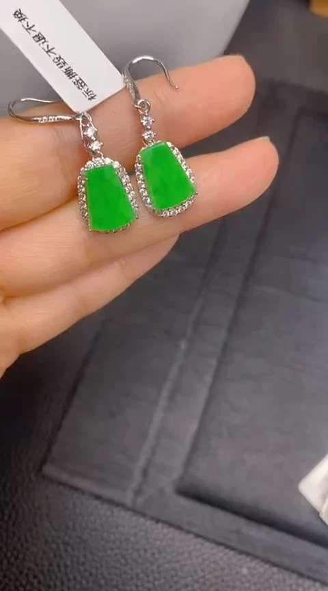翡翠银S925镶嵌耳饰方牌