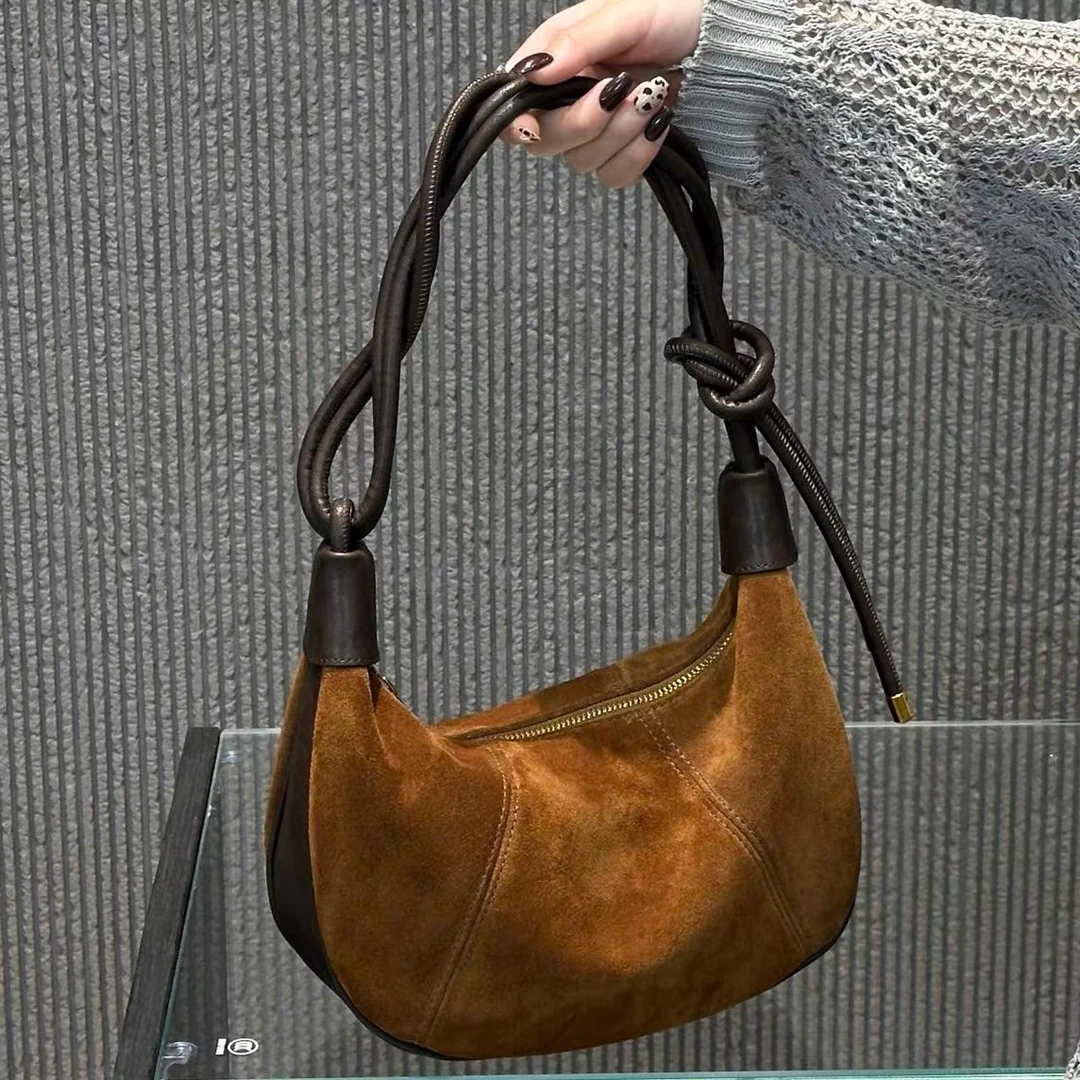 休闲柔软麂皮斜挎包2025新款皮质大容量腋下包百搭月牙饺子单肩包