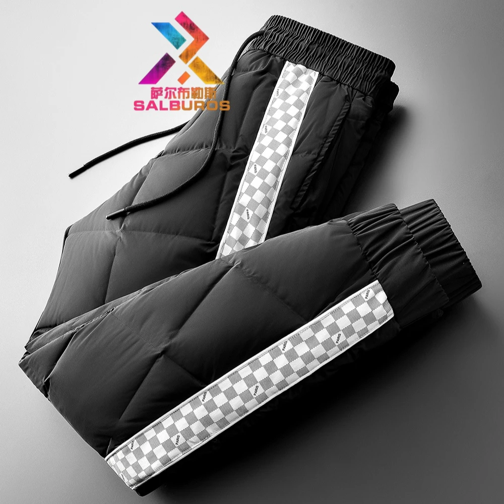 萨尔布勒斯冬季加厚保暖白鸭绒男裤撞色拼接时尚修身休闲羽绒裤
