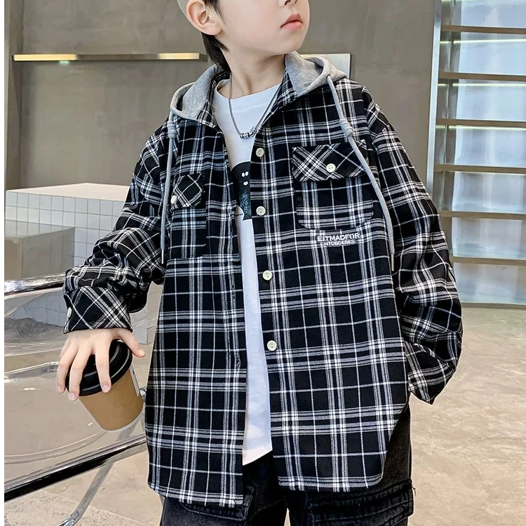 2025新款儿童格子衬衫中大童衬衣薄款痞帅连帽外套9409
