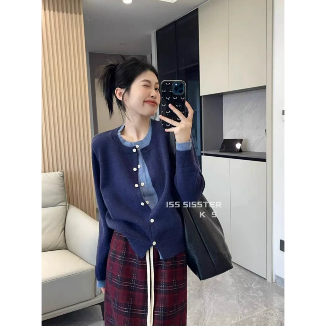 2135款-撞色圆领百搭气质显瘦假两件针织开衫