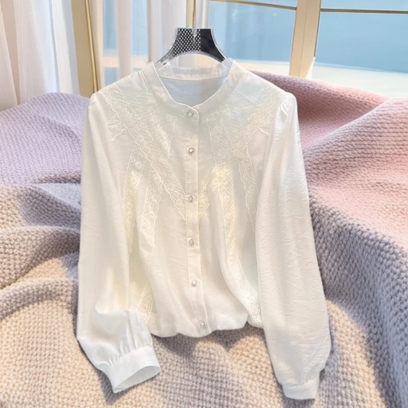 0392法式白衬衫女高级感春季2025新款超好看蕾丝花边长袖小衫上衣