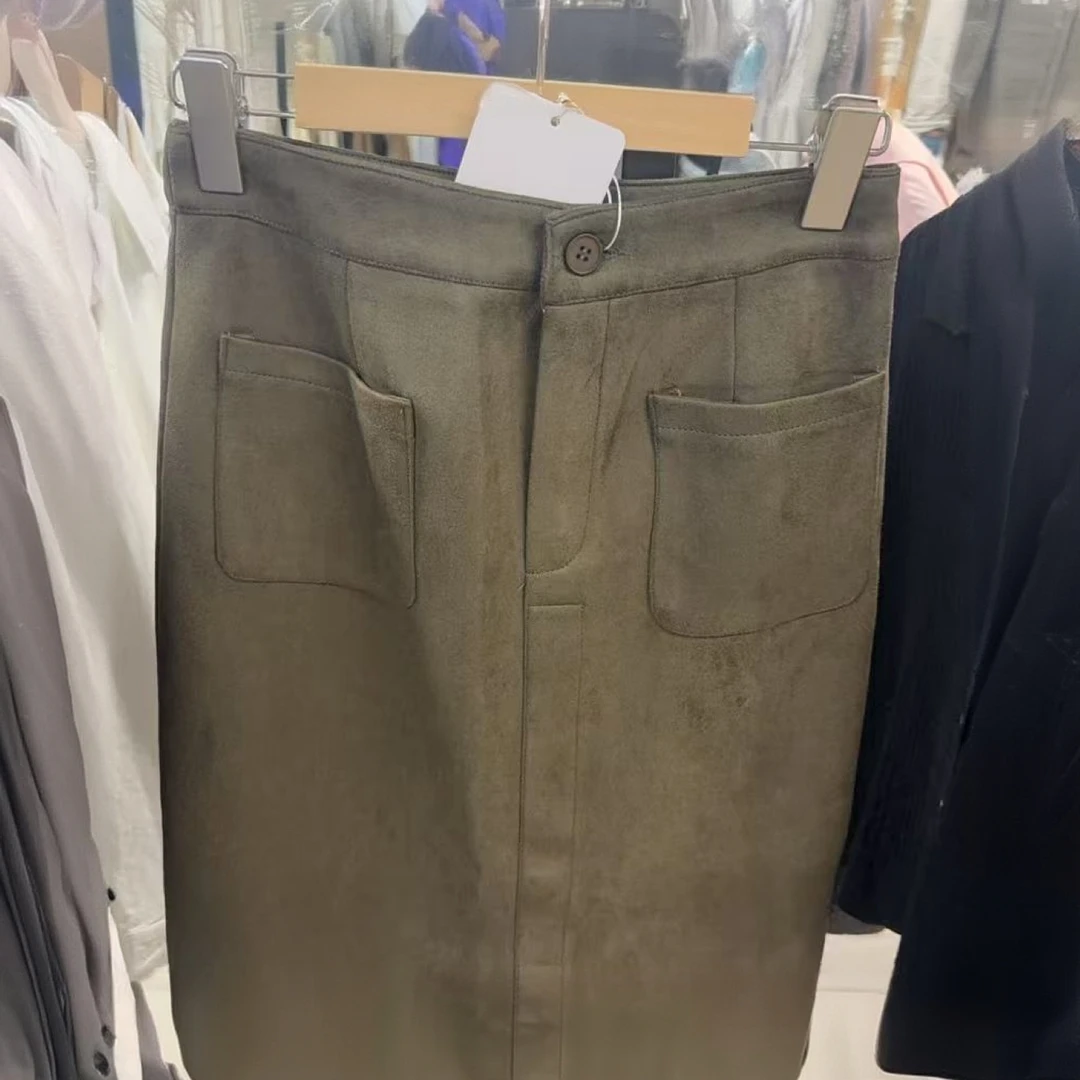 麂皮开叉长款女士半身裙