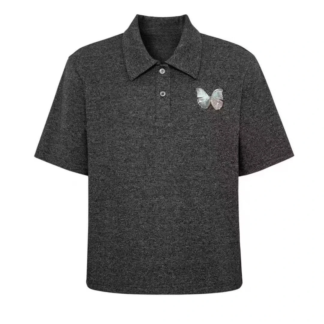 灰色蝴蝶复古气质时尚减龄上衣户外女士透气休闲经典翻领短袖T恤